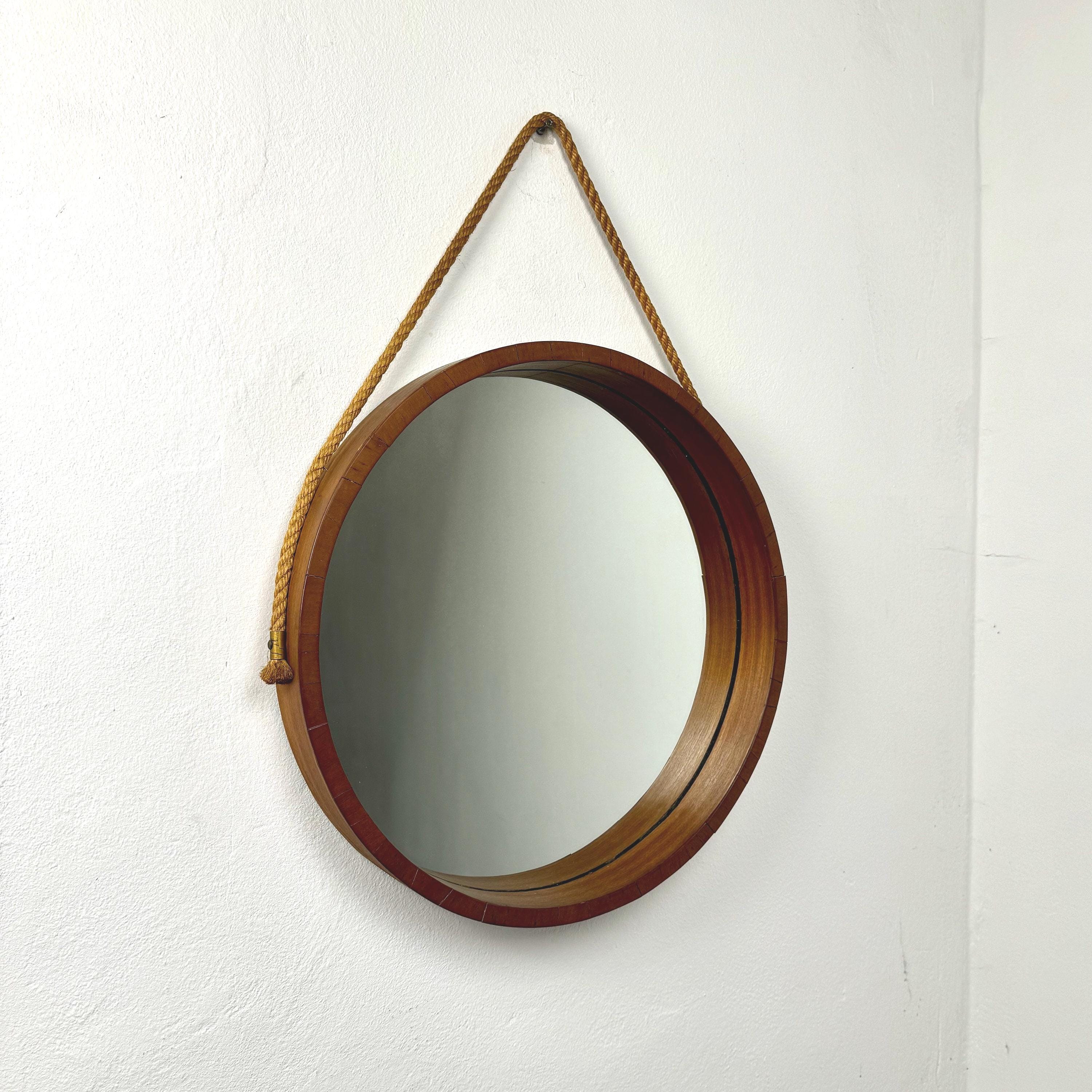 Mid Century Teak Wall Mirror / Round Wooden Frame & Rope / 60s