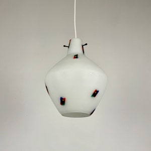 Mid Century Modern Murano White Opaline Glass With Colourful Spots Pendant Lamp / Ceiling Hanging Light / 60s Italy