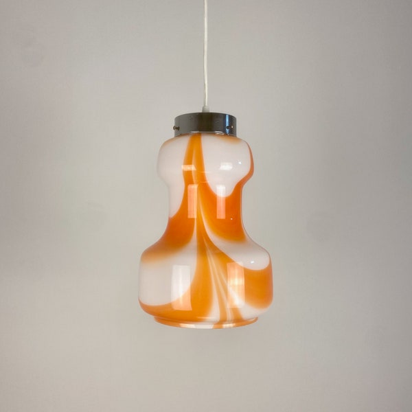 Mid Century Modern Murano Glass  Pendant Lamp /  Ceiling  Hanging Light / 70s Italy / White & Orange