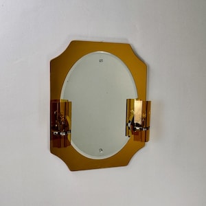 Mid Century Modern Veca Fontana Arte Style Wall Mirror / 70s Italy /  Amber  Glass Frame / Integrated Lights