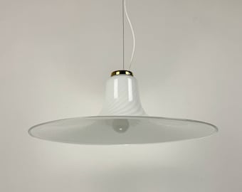 Large  Murano Swirl Glass Trumpet Pendant Lamp / Italian Chandelier / White Spiral Stripes