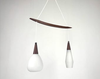 Mid Century Modern Scandinavian Teak & White Glass Double Pendant Light - Hanging Ceiling Lamp