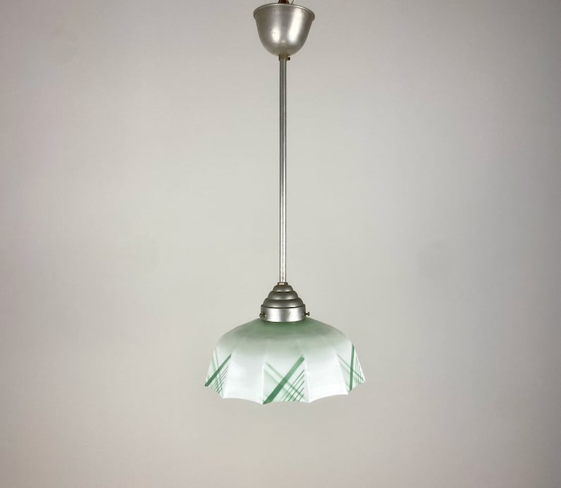 Vintage Glass Pendant Lamp / Art Deco Ceiling Hanging Light / 30s Europe / White Green zdjęcie 2