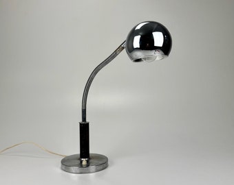 Vintage Gooseneck Desk Lamp / Eyeball Office Light  / Mid Century  Italy  / Chrome & Black Wood