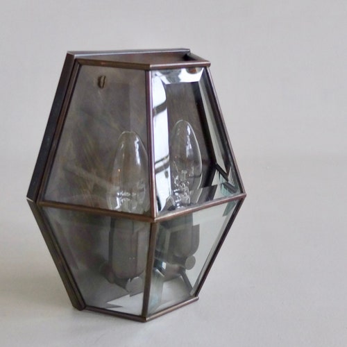 Vintage shops Brass & Crystal Glass Wall Lantern Sconce / Italian Mid Century Wall Lamp