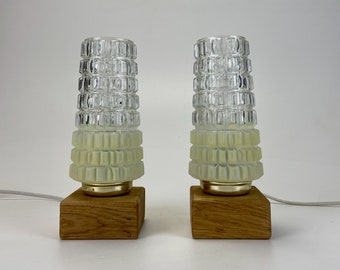 Vintage  Table Lamp Pair / Wood &  Glass  Bedside Lamps