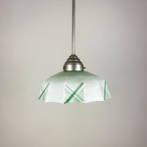 Vintage Glass Pendant Lamp / Art Deco Ceiling Hanging Light / 30s Europe / White Green zdjęcie 1