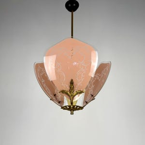 Mid Century Italian Ceiling  Pendant Lamp / Pink Glass Leaves & Brass Chandelier  / 50s Italy