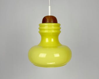 Mid Century Yellow Glass Pendant Lamp With Pine Wood Top / 70's Hanging Ceiling Light