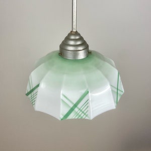 Vintage Glass Pendant Lamp / Art Deco Ceiling Hanging Light / 30s Europe / White Green zdjęcie 3
