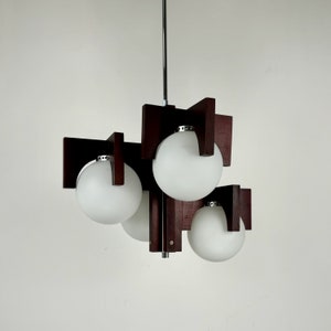 Brutalist Design Ceiling Lamp /  Mid Century Modern Chandelier / White Glass Globes & Wood / 70's Yugoslavia