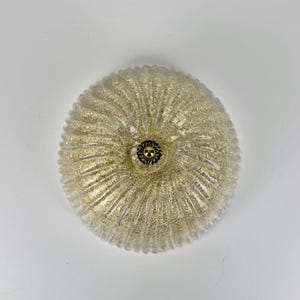 May include: A vintage, round, glass ceiling light fitting. The light has a ribbed texture and is filled with gold flecks. A small, ornate, brass-coloured fitting is in the centre.