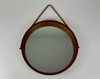 Mid Century Teak Wall Mirror / Round Wooden Frame & Rope / 60s Italy