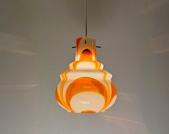 Mid Century Modern Murano Glass  Pendant Lamp /  Ceiling  Hanging Light / 70s Italy / White & Orange