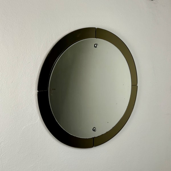 Mid Century Modern Two Tone Round Wall Mirror / 70s Italy /  Smoked Glass Frame