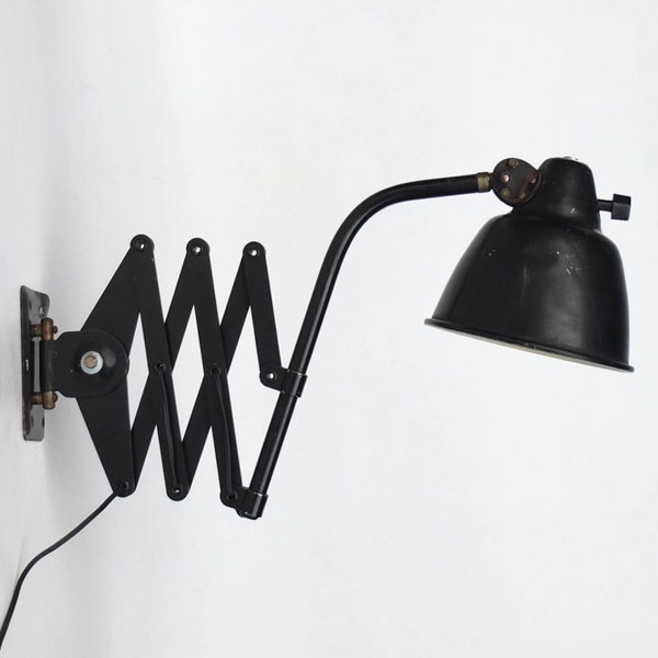 Réservé - Original Helo Leuchten ciseau lampe / accordéon lampe / industriel réglable mur lumière / 50 s Allemagne / noir
