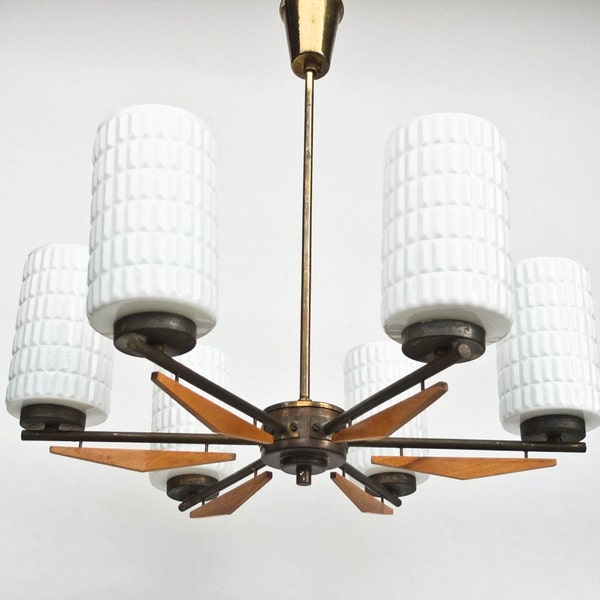 Mid century Ceiling Lamp / Six Arm Chandelier / Danish Teak Style Pendant Light / Wood, Glass & Brass