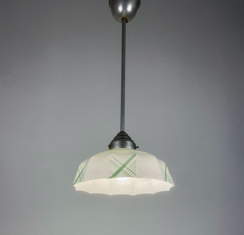 Vintage Glass Pendant Lamp / Art Deco Ceiling Hanging Light / 30s Europe / White Green image 5