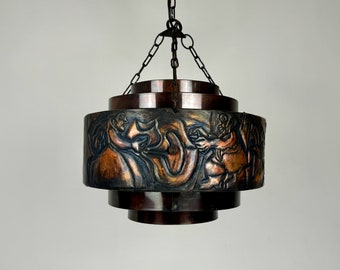 Large Mid Century Modern Hammered Copper Art Pendant Lamp / Ceiling Light  / Brutalist Chandelier / 70s Yugoslavia