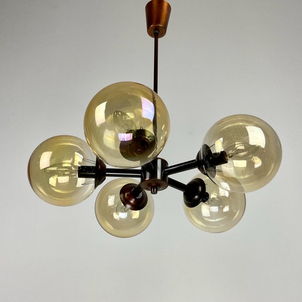 Mid Century Modern Ceiling Lamp / Five Arm  Molecule Chandelier / Sputnik Pendant Light /  Copper & Smoked Glass / 70s Yugoslavia