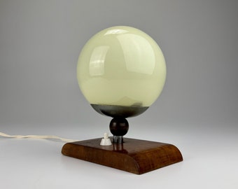 Vintage Art Deco Table Lamp / Wooden Base & Glass Globe /  Bedside Light