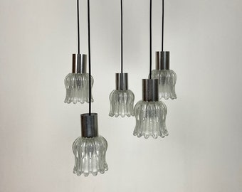 Mid century Modern Cascade  Pendant Light / Five  Drops Chandelier / Frosted Glass & Chrome