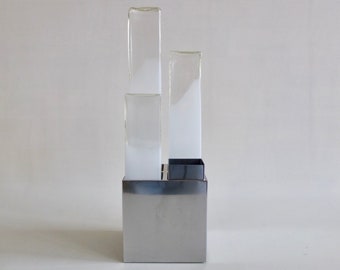 Mid Century Modern Table Lamp  Designed by  Angelo Brotto for Esperia  in 70s Italy  / White & Clear Murano  Glass / Chrome