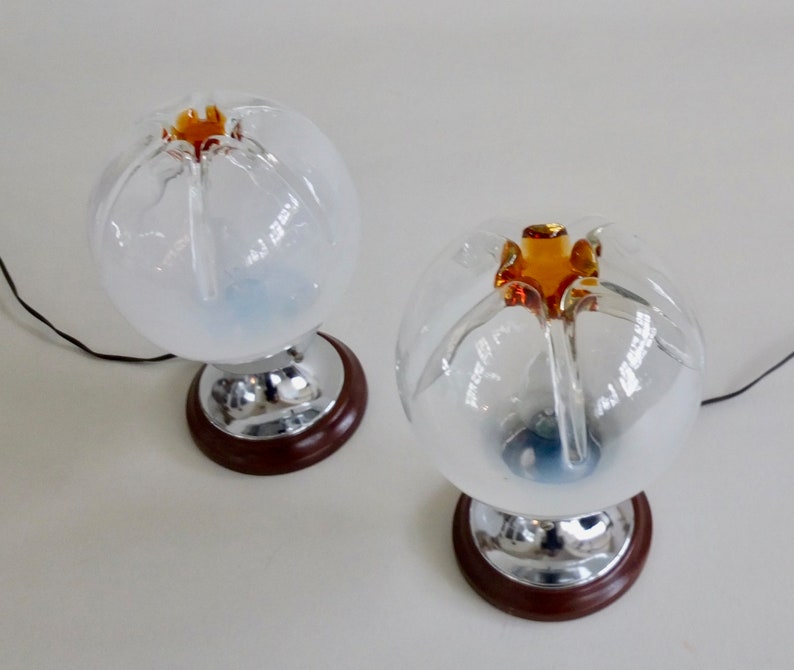 Vintage Mazzega Style Table Lamp Pair Murano Art Glass Globe Space Age Set of Two Bedside Lights 70/'s Italy