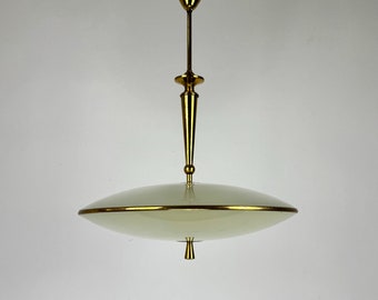 Mid Century  Glass Plate Ceiling Lamp / UFO - Saucer Pendant Light / Pietro Chiesa Fontana Arte Style Chandelier / 50s Italy / Brass & Glass