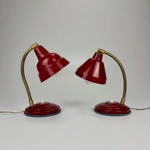 Pair of Vintage Gooseneck Desk Lamps / Set of Two Italian Table - Bedside  Bedside Lights  / Mid Century Italy / Red & Brass