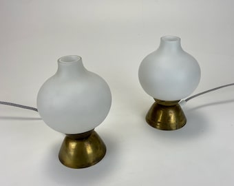 Pair of Mid Century Table / Bedside Lamps / Brass & White Glass