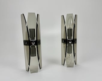 Midcentury Modern Wall Lamps Pair / Smoked Glass  Fontana Arte  Veca  Sconces / 70s Italy