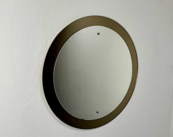 Mid Century Modern Two Tone Round Wall Mirror / 70s Italy /  Smoked Glass Frame