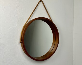 Mid Century Teak Wall Mirror / Round Wooden Frame & Rope / 60s Italy