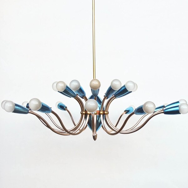 Midcentury italienischer Kronleuchter / Sputnik Deckenlampe / Stilnovo Stil Pendelleuchte / blau / 12 Arme