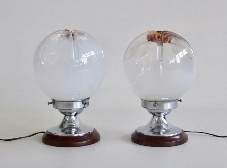 Vintage Mazzega Style Table Lamp Pair Murano Art Glass Globe Space Age Set of Two Bedside Lights 70/'s Italy