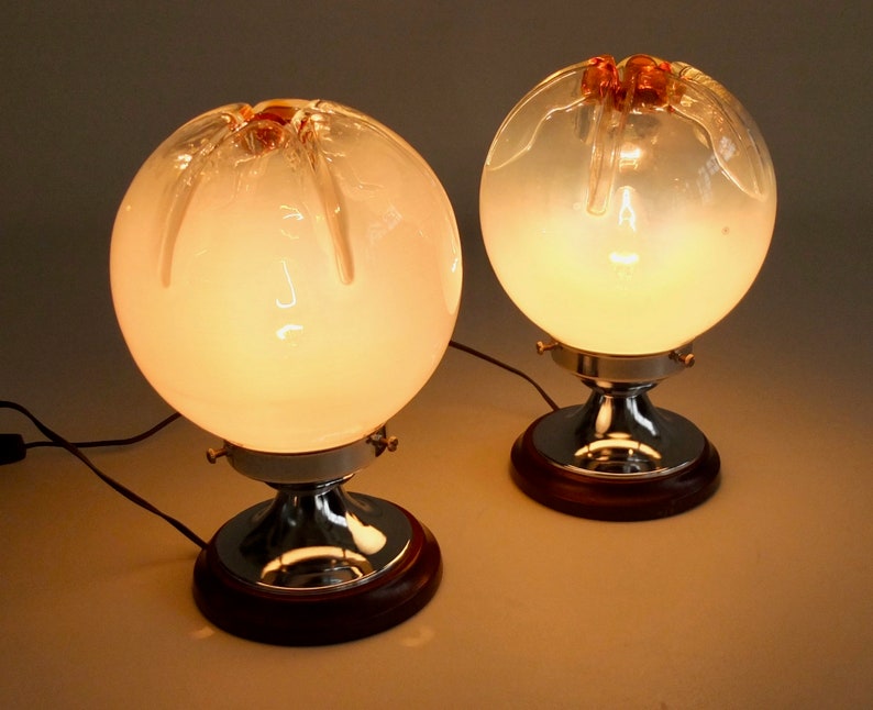 Vintage Mazzega Style Table Lamp Pair Murano Art Glass Globe Space Age Set of Two Bedside Lights 70/'s Italy
