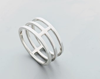 Minimalist recycled sterling silver cage ring, Architectural ring, Geometric ring, Statement ring