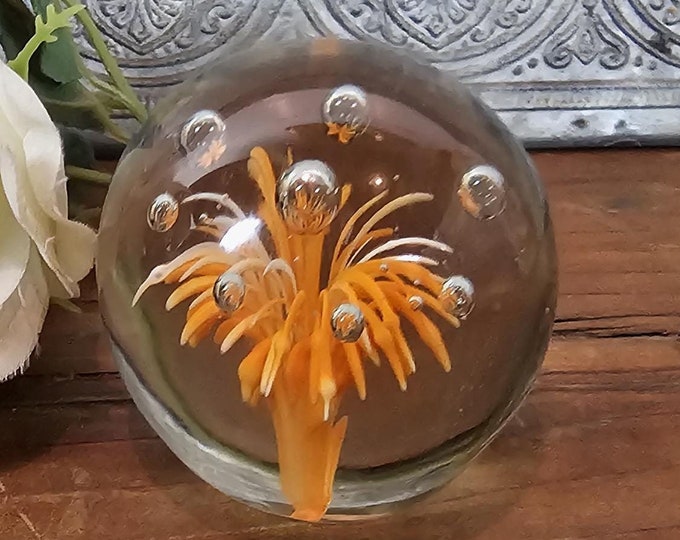 Vintage Hand Blown Art Glass Paperweight  - Bursting Orange Flower and Air Bubbles