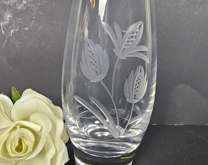 Vintage Norwegian Floral Etched Heavy Crystal Bud Vase - Hadeland Norway - Art Piece