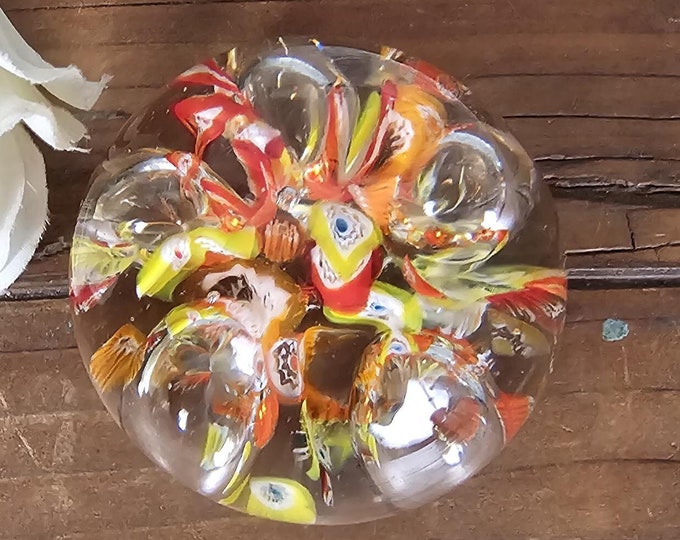 Vintage Hand Blown Art Glass Paperweight  - Orange, Yellow and White  - Millefiori Style