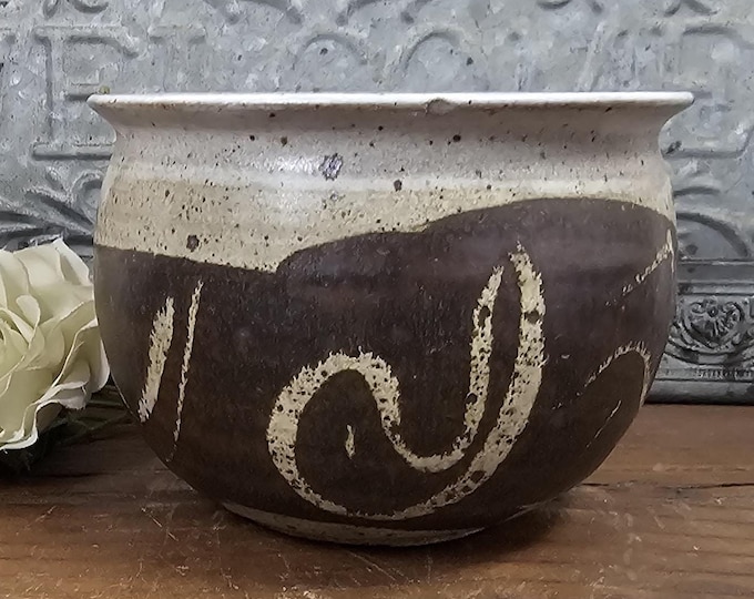 Studio Art Pottery Brown and Beige Bowl - 1970s - Signed Woody