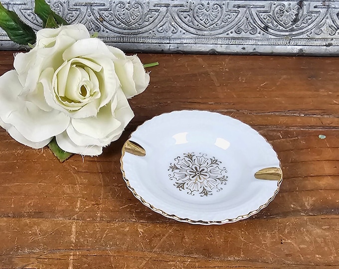 Vintage Mini Personal Ashtray with Floral Pattern and Gold Trim