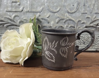 Antique Silver Plate Childs Cup with Engraved Leaves and Ornate Handle, 1899-1941