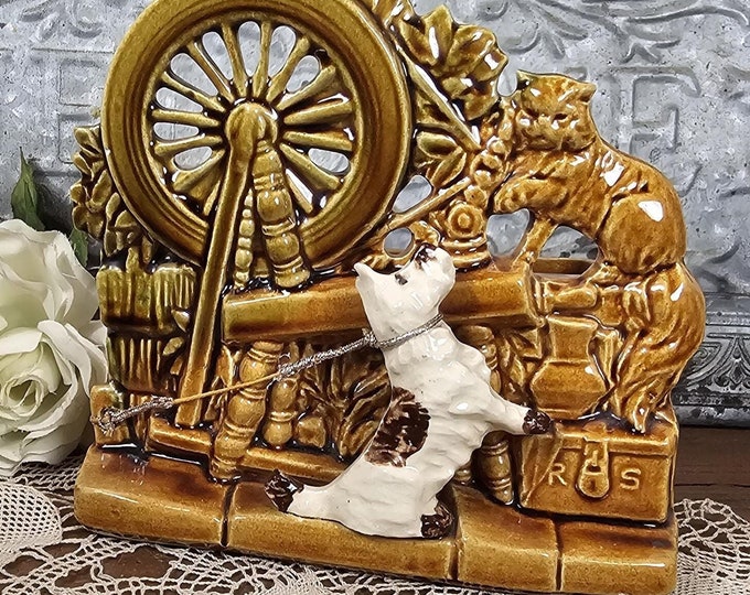 1953 McCoy Pottery Spinning Wheel with Terrier Dog and Cat