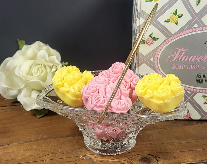 Vintage Avon Glass Flower Basket Soap Dish and 5 Hostess Soaps - VIB