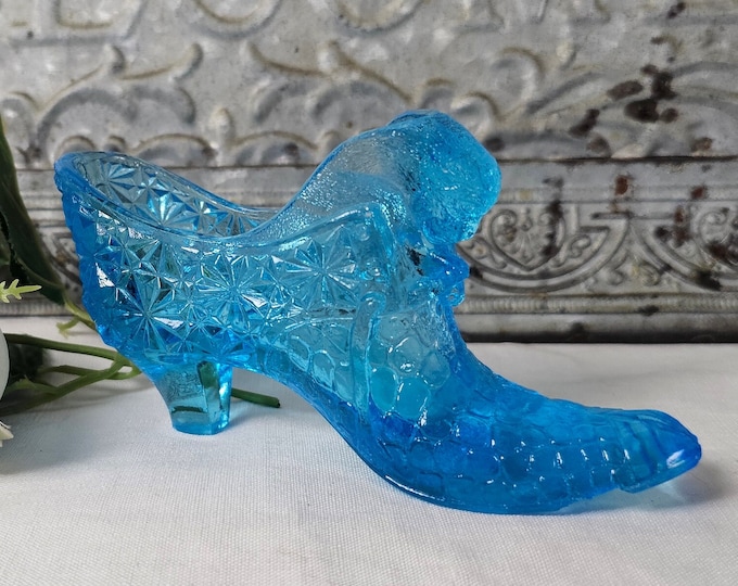 Vintage Blue Glass Slipper with Kitten by Degenhart Glass Co. - As Is