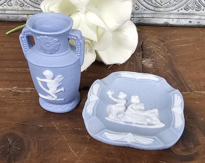 Occupied Japan Cherub Blue Jasperware Miniature Vase and Ashtray
