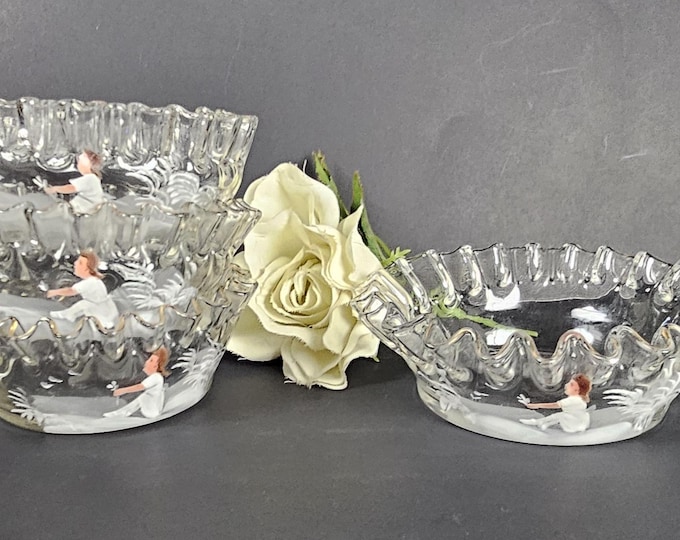 Rare Mary Gregory Clear Glass Bowls with Ruffled Edges - Set of 4