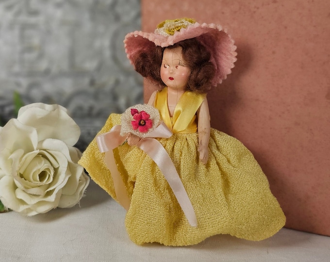 Vintage 1950s Hard Plastic Unmarked Doll in Yellow Dress - Creepy Halloween Decor